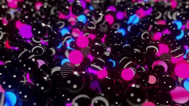 Seamless loop of countless glowing and striped spheres colliding and rolling. Kinetic physics simulation, illuminated glowing orbs, and energetic festival celebration concept background