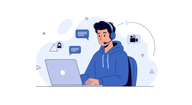Young man wearing headset and hoodie, working on laptop, with chat and video call icons representing online communication and remote work