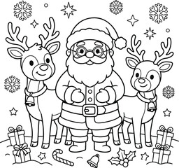 Obraz premium Santa claus standing with two reindeer and christmas gifts, coloring page for kids