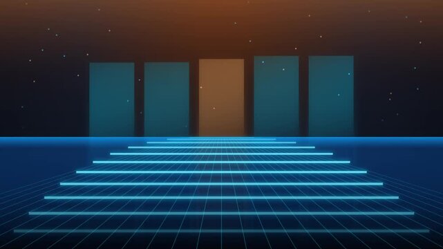 Futuristic neon grid tunnel retro synthwave loop background with glowing geometric portal pylons