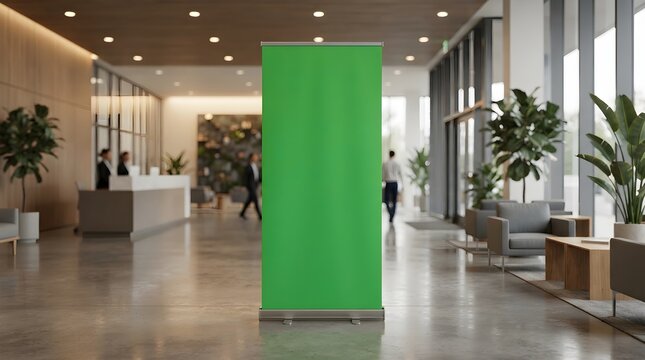 Vertical Green Screen Roll Up Banner Mockup in Modern Corporate Office Lobby Interior