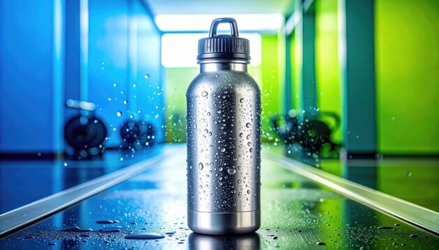 Misty Metal Water Bottle Amidst Gym Equipment and Vibrant Backgrounds