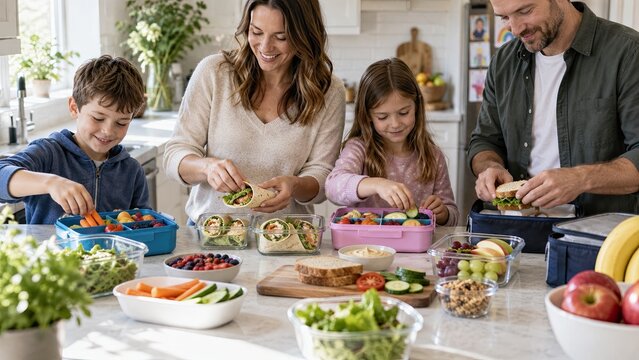 Happy family preparing healthy packed lunches together in a bright kitchen, illustrating meal prep for busy families and nutritious everyday living.