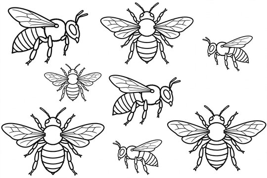 Collection of detailed honey bees in black and white outline style, perfect for coloring pages, nature designs, and vector illustrations