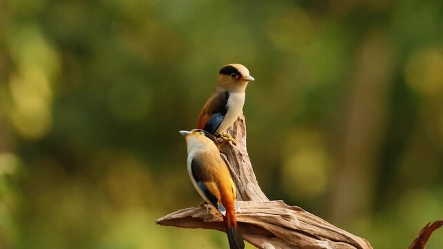Two colorful wild birds with blue wing patches perched together on a dry textured wood log against a warm blurred green forest background