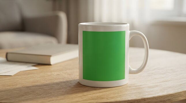 White Ceramic Coffee Mug with Blank Green Square Customization Area Sitting on a Wooden Table in a Bright Living Room Interior