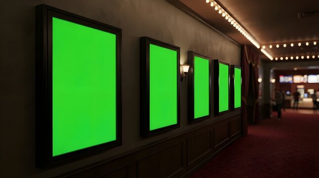 Cinema corridor featuring blank vertical billboard posters with green screen for copy space and advertisements in a classic theater lobby