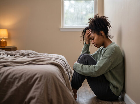 Panic attack, anxiety disorder menopause woman, stressful depressed emotional person with mental health illness, headache and migraine sitting back against wall on the floor in domestic home