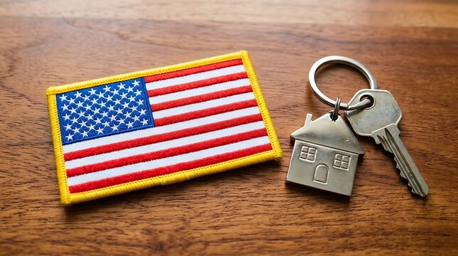 American Dream Home Keys: US Flag Patch and House Keychain on Wood Surface