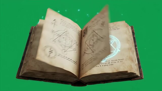 Ancient Spellbook Opens Magically with Glowing Runes - An antique spellbook lies open, its aged pages filled with cryptic writing and mystical symbols.
