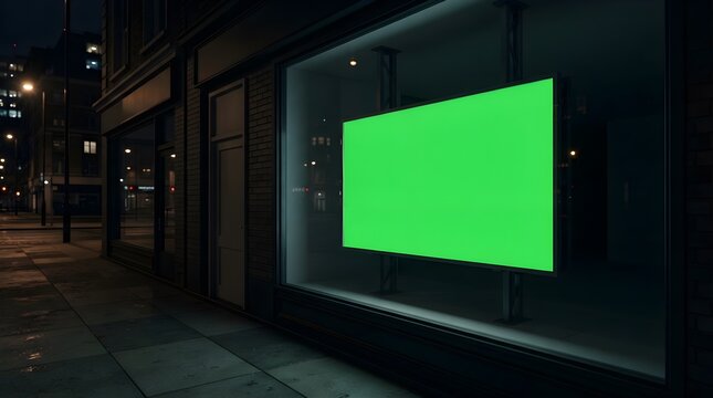Blank green screen window display of a modern shopfront at night, ideal for advertising or product placement