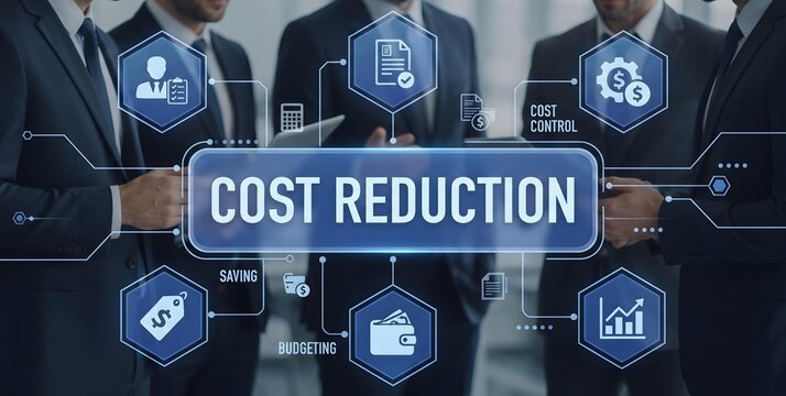 Business professionals in suits collaborating around a digital interface displaying Cost Reduction with icons for budgeting saving and cost control symbolizing financial strategy and efficiency.