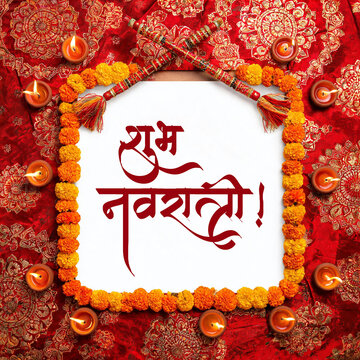 Happy Subh Navratri Dandiya Flowers Diya Red Background Social Media Post