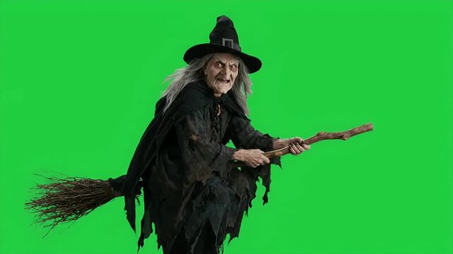 Old Witch Flying on Broomstick Green Screen - An old, crooked witch with long gray hair flies on a wooden broomstick against a bright green background.