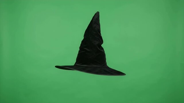 Black Velvet Witch Hat Spinning on Green Screen - A pointed black velvet witch hat spins and floats against a bright green background.