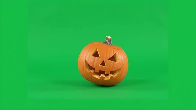 Carved Jack-o-Lantern Rocking on Green Screen - A wide shot shows a single carved jack-o'-lantern slowly rocking back and forth against a solid green background.