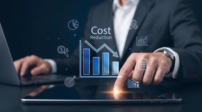 Businessman analyzing cost reduction data on a digital tablet with financial charts and icons showing downward trend and efficiency icons.