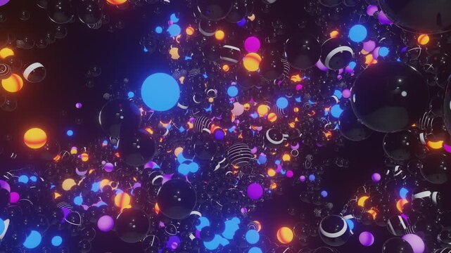 Seamless loop of countless glowing and striped spheres colliding and rolling. Kinetic physics simulation, illuminated glowing orbs, and energetic festival celebration concept background