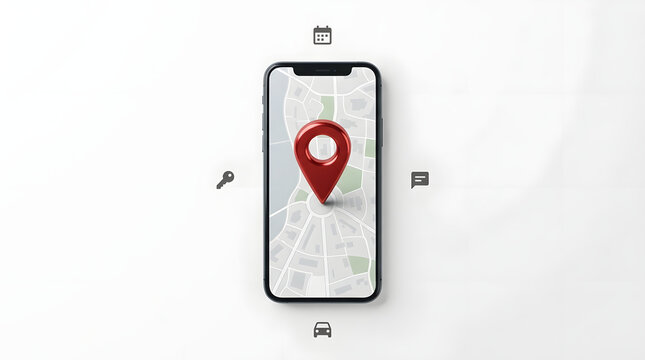 Modern Smartphone Displaying GPS Navigation Map with 3D Red Location Pin and Service Icons Including Car Rental, Key, Message, and Calendar for Mobile Application and Tracking Concept