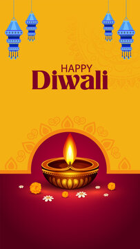 Happy Diwali Greeting Card with Decorative Diya Lamp and Traditional Indian Festival Design