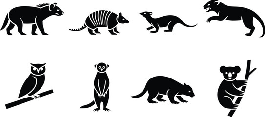 Obraz premium Set of eight black silhouette featuring various wild animals including an armadillo, owl, meerkat, and koala on a white background