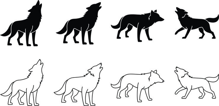 Set of eight wolf silhouettes and line featuring howling and standing poses in black and white style