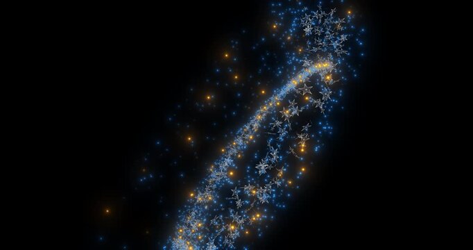 Diagonal streams of shimmering blue stars and lights spin in a tight spiral. Radiant holiday sparks flow smoothly across a transparent alpha background.