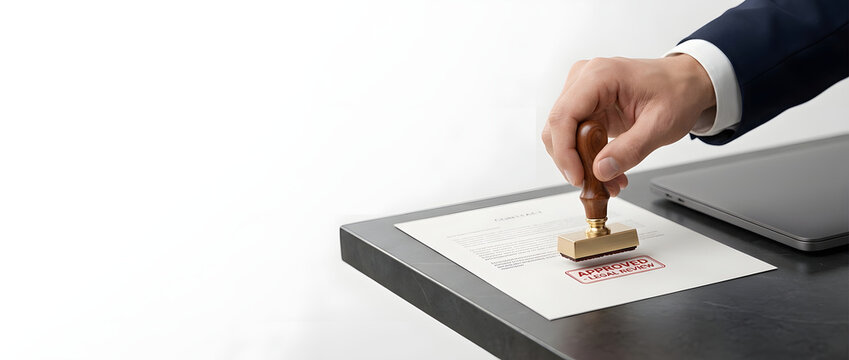 Businessman hand stamping a legal paper document with red ink approved legal review rubber stamp on modern desk in office, concept of contract validation, official authority and agreement