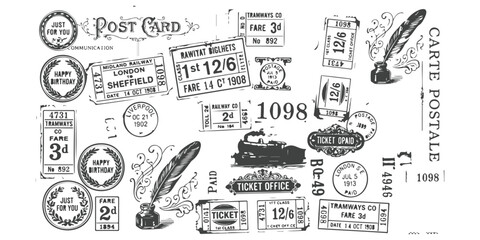 Vintage postcard elements with antique train tickets stamps and ink pen illustrations ©  creative  marlia