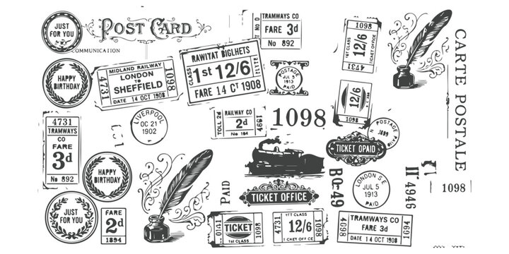 Vintage postcard elements with antique train tickets stamps and ink pen illustrations