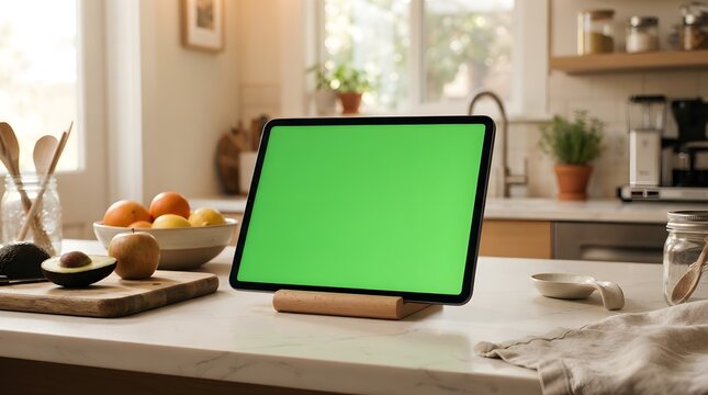 Digital tablet with green screen mock up on kitchen counter with fresh ingredients in modern cozy kitchen