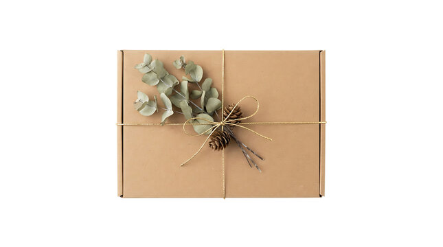 Craft gift box decorated with natural eucalyptus leaves and pine cones isolated on white background.