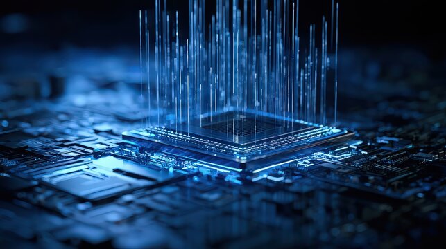 Processor chip mounted on a motherboard with vertical lines of blue light transmitting digital data.