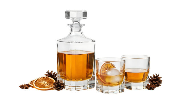 Crystal decanter and two glasses filled with amber whiskey and decorated with dried orange slices and pine cones isolated on a white background.