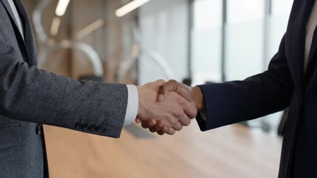 Business handshake between two professionals wearing textured tweed and dark wool suits inside a brightly lit corporate office.