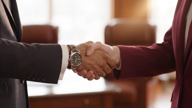 Professionals in sharp burgundy and charcoal suits exchanging a confident handshake under golden backlighting that highlights the intricate metallic textures of a luxury wristwatch.
