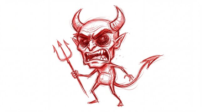Angry red devil character holding a sharp pitchfork sketch illustration on white background