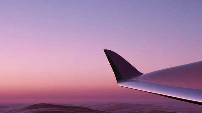 Private jet winglet against a pink and violet twilight sky with copy space