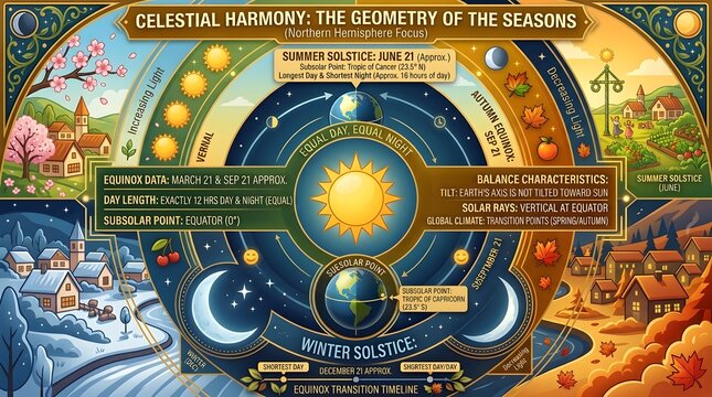 Autumn Equinox Global Detailed astrological diagram illustrating celestial harmony and seasonal geometry with intricate circular charts, vibrant artistic illustrations, and informative educational tex