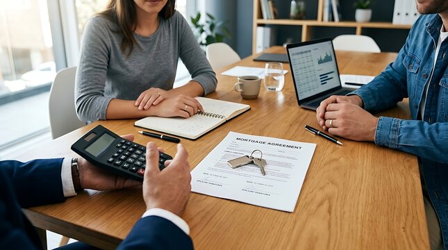 Mortgage agreement signing with calculator, keys, and laptop for financial planning