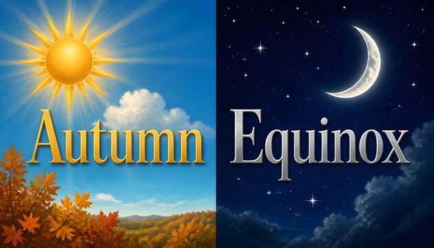 Autumn Equinox Global Autumn equinox concept featuring bright golden sunlit daytime sky on left side versus dark starry nighttime crescent moon cosmos on right side