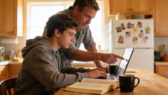 Father helping teenage son with homework on laptop in kitchen.