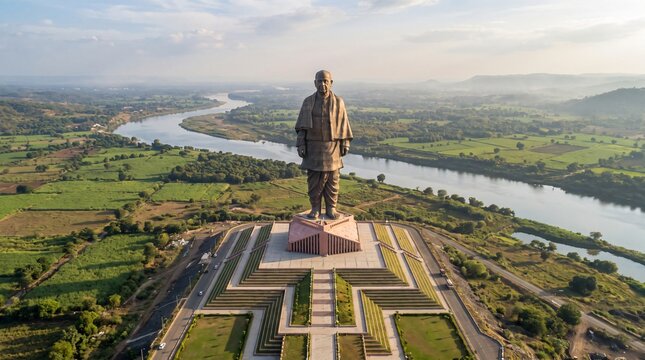 Statue of Unity monument standing in a lush river landscape in India