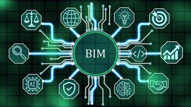 BIM Futuristic AI Technology with Advanced Data Analytics, Building Information Modeling, Machine Learning, Big Data, Neural Network, Business Intelligence, Digital Transformation 4K Video
