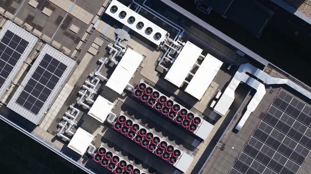 Aerial view of Rooftop HVAC Cooling Systems on Commercial Data Center