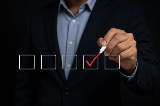 Businessman marking a red checkmark on a digital survey or checklist interface in the office