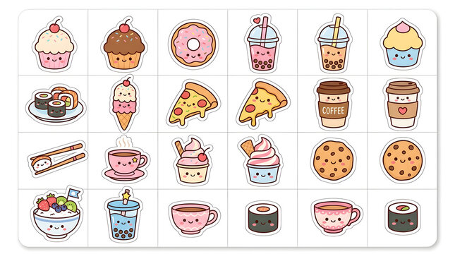 Christmas and Easter Food Icons Set with Coffee, Cake, Sandwich, Pizza, Burger, Bread, Cheese, Tea and Fast Food Vector Illustrations