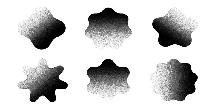 A set of six unique, stylized starburst shapes with a grainy texture and smooth gradient effect, arranged in a 2x3 grid, offers a modern and abstract graphic element.