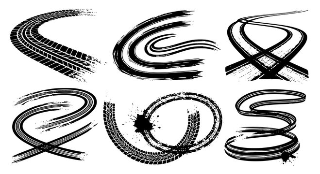 Tire tread marks after skidding, launch, drift, powerslide in motorsport, rally, off-road, motocross. Wheel texture with splash effect. Vector, transparent PNG version.