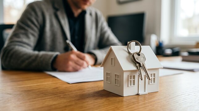 Real Estate Agent Finalizing Contract with House Keys and Model Home